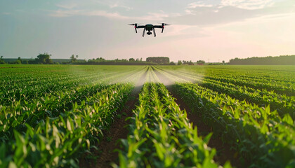 Drone's Eye View: An unmanned drone expertly sprays a crop field, showcasing precision agriculture. Modern technology meets sustainable farming