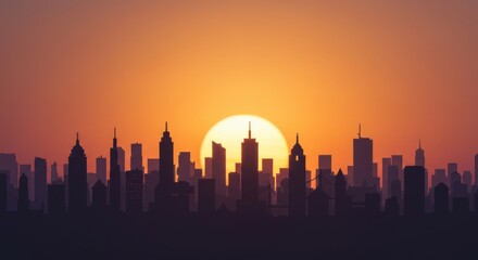 Silhouette cityscape at sunrise, with vibrant orange hues.
