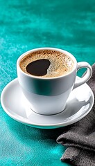 Freshly brewed black coffee in white cup