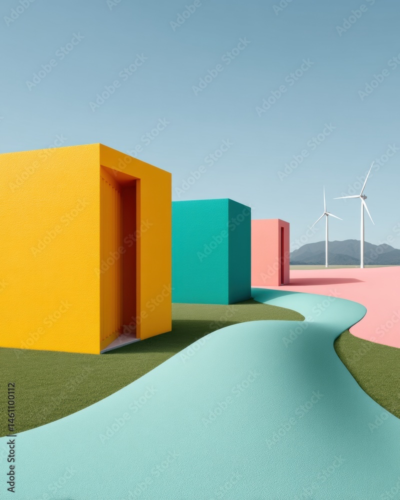 Poster sustainable futures minimalist geometric landscape illustrating renewable energy innovation with bol