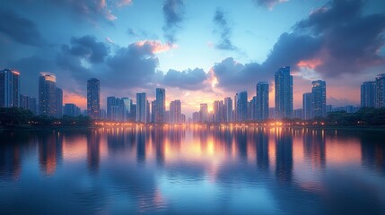 Naklejka premium Corporate skyline at blue hour with neon-lit buildings, calm urban scene with glossy reflections and soft evening clouds, centered view with dramatic lighting 