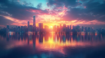 Fototapeta premium Corporate skyline at blue hour with neon-lit buildings, calm urban scene with glossy reflections and soft evening clouds, centered view with dramatic lighting 