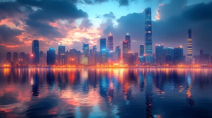 Fototapeta premium Corporate skyline at blue hour with neon-lit buildings, calm urban scene with glossy reflections and soft evening clouds, centered view with dramatic lighting 