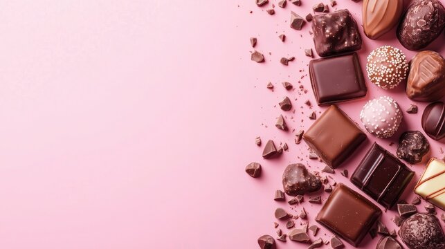 Assorted gourmet chocolates on pink background with chocolate pieces