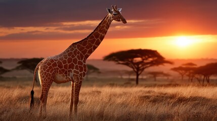 Obraz premium Dramatic backlit giraffe with glowing sun perfectly behind, rim light glowing along its neck and horns, strong contrast and cinematic color palette