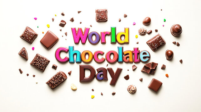 World chocolate day celebration with colorful text and assorted chocolates