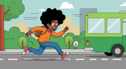 Late for the Bus! A Boy's frantic dash to catch the school bus amidst the bustling city streets.