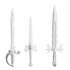 Three white swords are shown in a white background. The swords are all different sizes and shapes, but they all have a similar design. Scene is one of fantasy and adventure