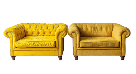 Png of Two vintage yellow sofas with elegant tufted upholstery, showcasing a vibrant color and classic design.