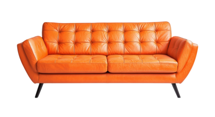 Png of A vibrant orange leather sofa with a modern design, featuring plush cushions and sleek black legs.