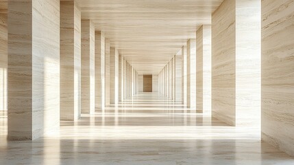 Obraz premium Elegant modern corridor with travertine-style walls and clean geometric design, low-angle perspective emphasizing depth and repetition 