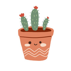 Cute hand-drawn smiling terracotta flowerpot with cactus plant