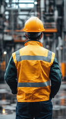 A man in a yellow vest stands in a wet industrial area. He is wearing a hard hat and reflective vest