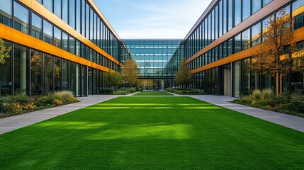 Naklejka premium Empty business district courtyard with green lawns and geometric architecture, sunny atmosphere with clear sky, modern glass buildings captured from a wide front-facing angle 
