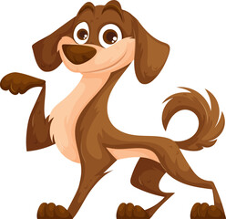 Cute cartoon-style illustration of a brown dog standing in a playful pose with a happy expression, raised paw, and curly tail.