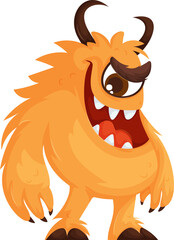 Cute and playful cartoon-style orange monster with a large single eye, sharp teeth, curved horns, and a fluffy body, looking mischievous.