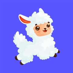 Adorable fluffy cartoon alpaca illustration with a cheerful expression on a vibrant blue background, perfect for kids and fun designs.