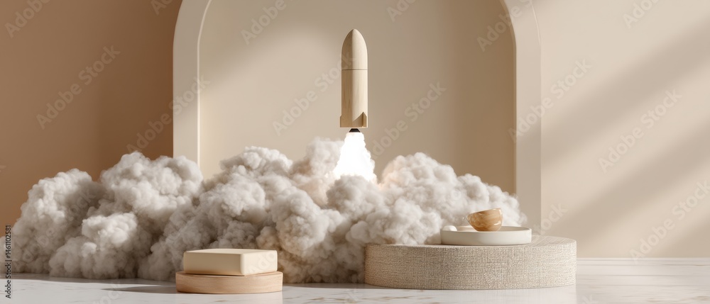 Fototapete minimalist aerospace innovation sleek rocket launch concept with soft cloud texture - cutting-edge s