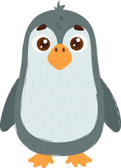 Adorable cartoon illustration of a standing penguin with big brown eyes, a bright orange beak, and flippers on a white background.