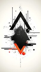 Abstract graphic design featuring black and orange shapes, geometric patterns, and splatters
