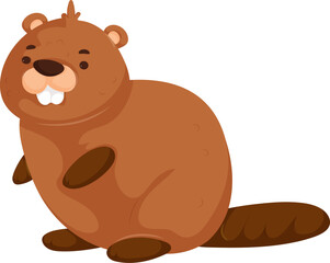 Adorable cartoon beaver with large front teeth, brown fur, and a flat tail, isolated on a white background.