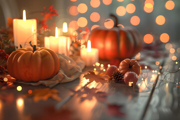 Festive table decor with candles and pumpkins perfect for autumn and Thanksgiving celebration scenes