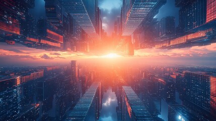 Obraz premium Futuristic cityscape with reflective high-rise buildings, upward perspective, cold color tone, symmetrical framing 