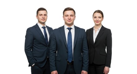 Three business people stand in suits against a white background.
