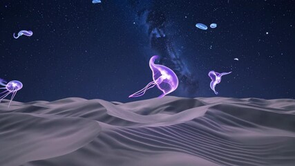 Fantasy Glowing Jellyfish Floating over Desert under Starry Night - Powered by Adobe