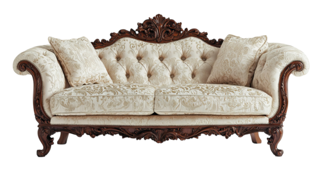 Png of An elegant vintage sofa with ornate wooden detailing and plush upholstery, perfect for adding a touch of luxury to any living space.
