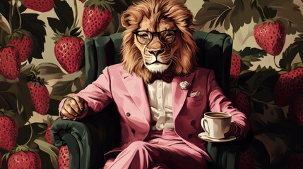 A lion in a pink suit, relaxing with a cup of tea amidst strawberries.  A regal, stylish, and whimsical figure