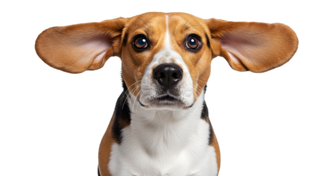Captivating beagle portrait showcasing adorable, oversized ears against clean backdrop