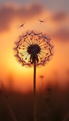 A single dandelion seed head blowing in the wind at sunset &ndash; representing freedom, fragility, and letting go.

