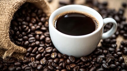 Fototapeta premium A steaming cup of black coffee surrounded by fresh coffee beans on a rustic burlap background