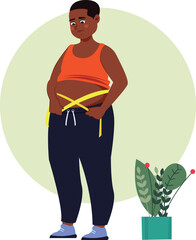 Overweight Person Measuring Waist with Sad Expression