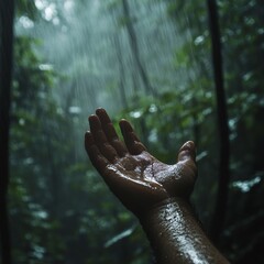 Close up of explorer male hand in green rainy wilderness forest.Survival travel,lifestyle concept.	