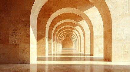 Obraz premium Low-angle view of modern stone corridor with repeating archways, dramatic perspective and shadows, geometric architecture in warm neutral tones 