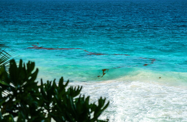 Obraz premium Ocean and sea wave crash against rock and water along the beach shore under the blue sky