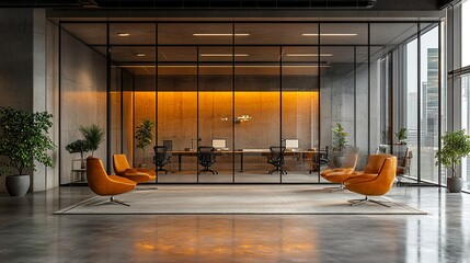 Mid-century modern office lounge with leather chairs and polished concrete floor, background of open-plan workspace behind transparent walls 