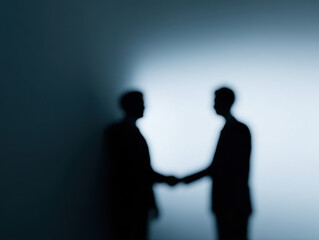 Blurred silhouettes of two people shaking hands in dimly lit setting