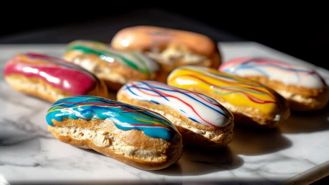 A delightful assortment of colorful eclairs topped with vibrant decorative frosting, perfect for dessert platters, showcasing creativity and indulgence in pastry art.