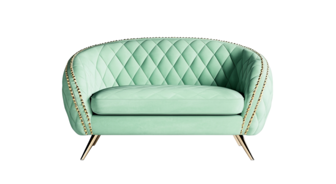 Png of Elegant mint green sofa with quilted upholstery and gold accents, perfect for modern interior decor.