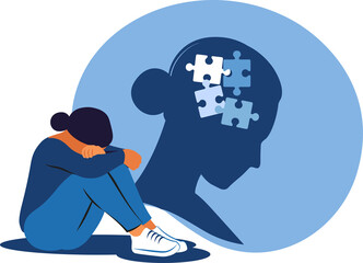 Depressed female sitting on the floor and holding their knees on transparent background. Concept irritation, anger, depression, anxiety, mental disorders.