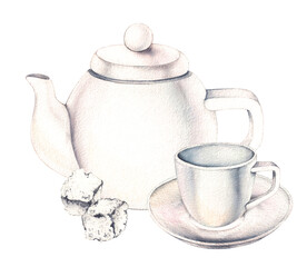 White teapot and cup on saucer and two sugar cubes group hand drawn illustrations