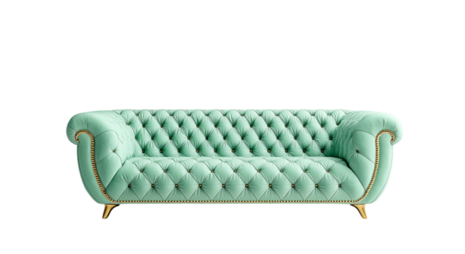 Png of Elegant mint green tufted sofa with gold accents, adding a touch of sophistication to any interior space.