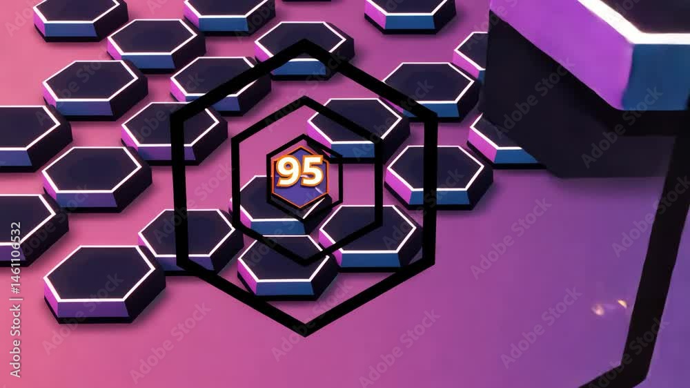 Poster a row of hexagonal shapes with a purple background. the hexagons are black and blue