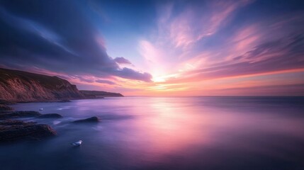 Naklejka premium Stunning Sunset Over Calm Ocean Waters with Vibrant Colors and Serene Atmosphere