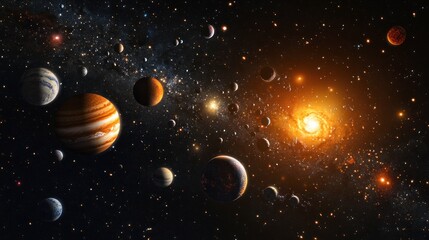 Naklejka premium A stunning cosmic scene showcasing various planets orbiting a bright star amidst a starry background