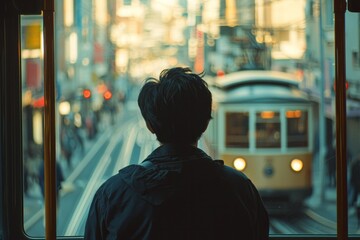 A tram moving through a busy downtown area. A man is standing near the window watching the city go by.
