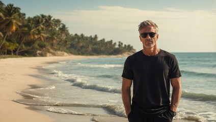 Immersed in serenity, a blissful man enjoys the solitude of a stunning beach, his black t-shirt adding to his effortlessly calm presence.
